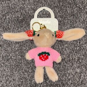 Natasha Beige Bunny Keychain with Pink Strawberry Sweater and Clips